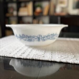 Vintage Glasbake Milk Glass Amish Farm Scene Casserole Dish – Blue Transferware